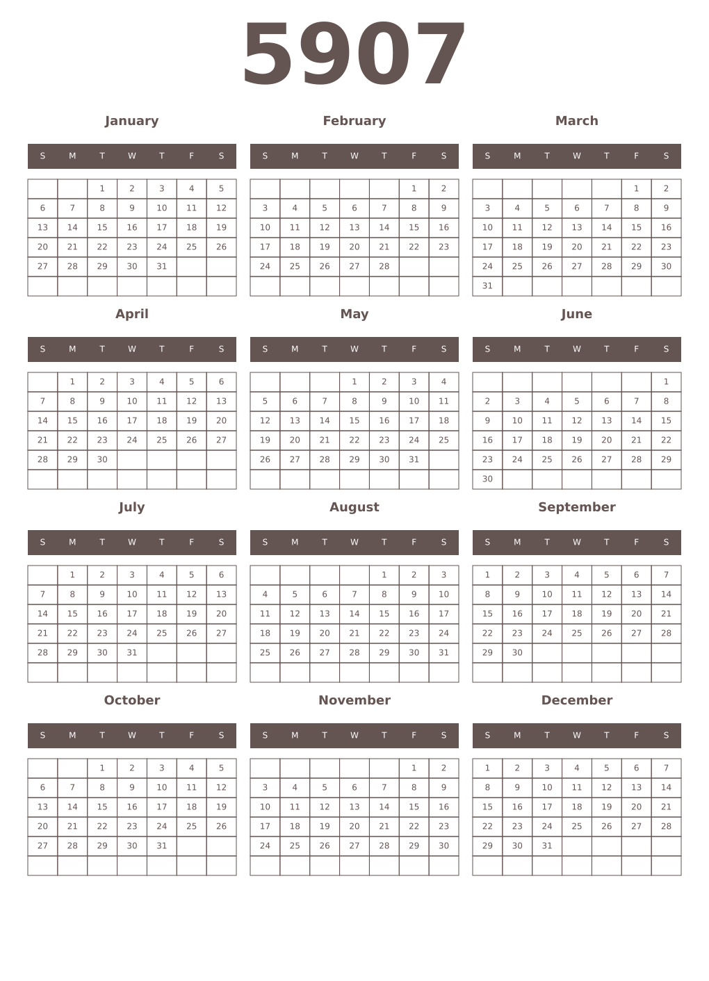 Printable 5907 Year Calendars wenge