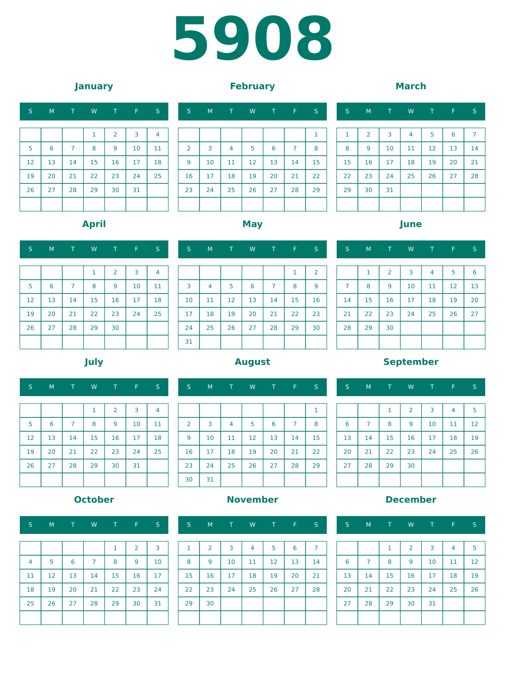 Printable 5908 Year Calendars pastel