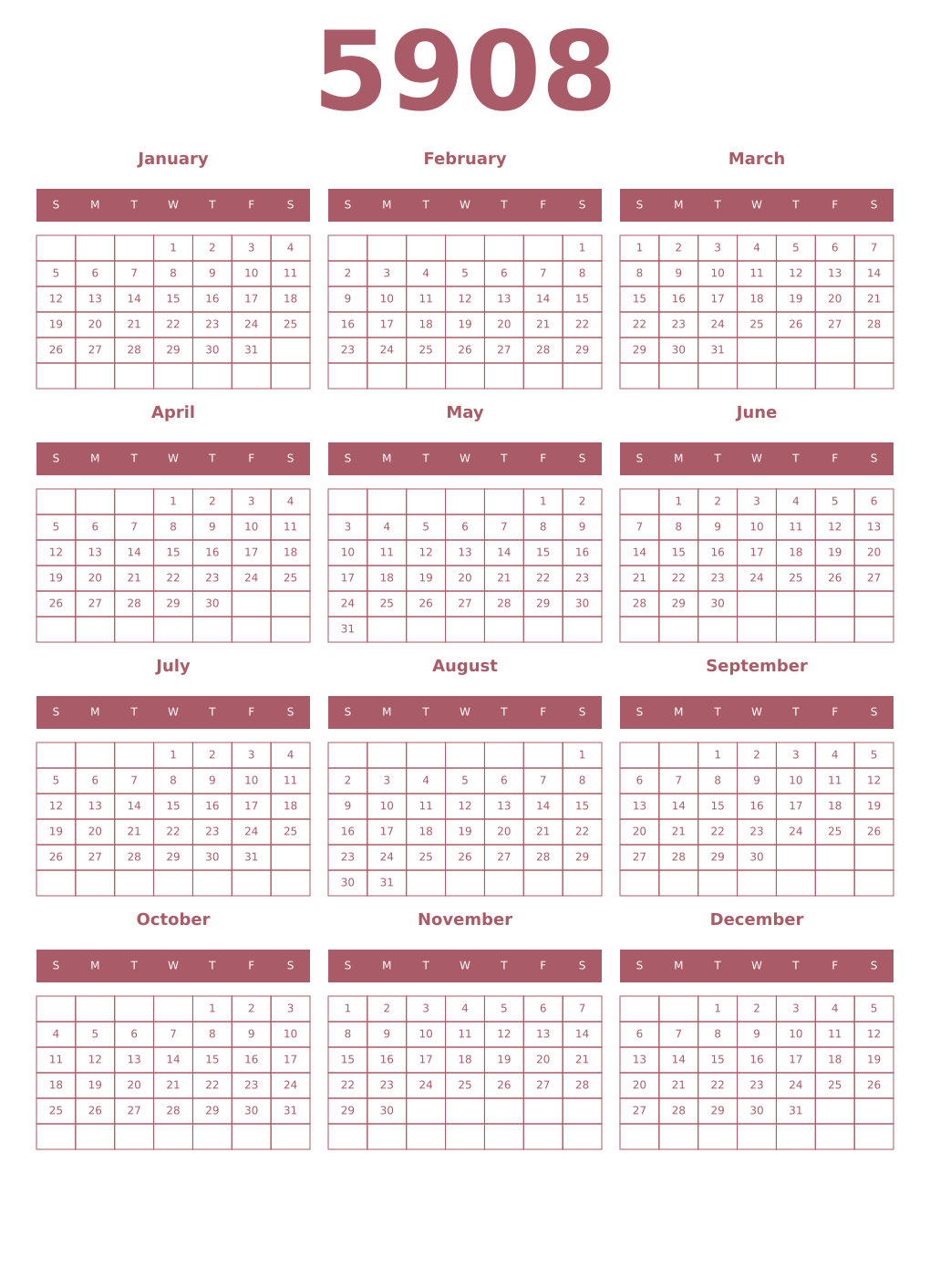 Printable 5908 Year Calendars puce