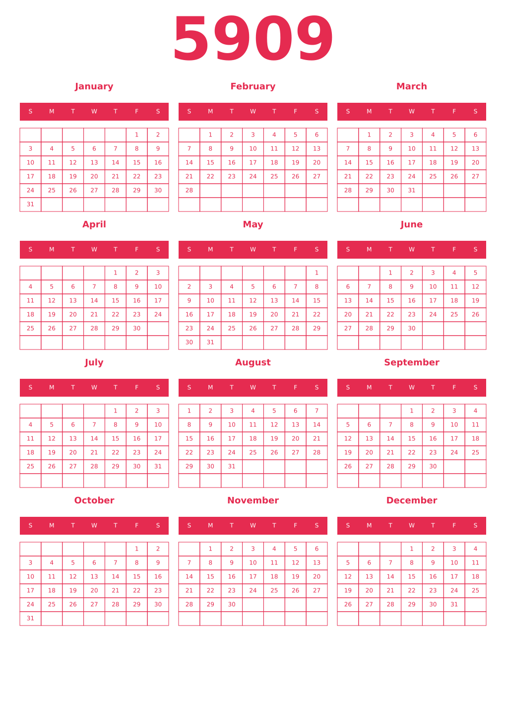 Printable 5909 Year Calendars amaranth