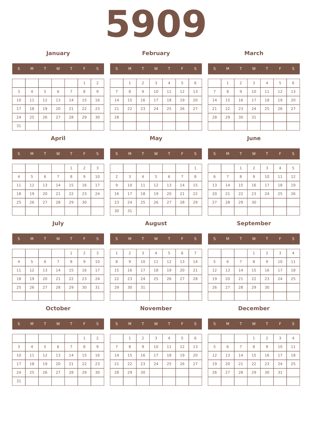 Printable 5909 Year Calendars coffe