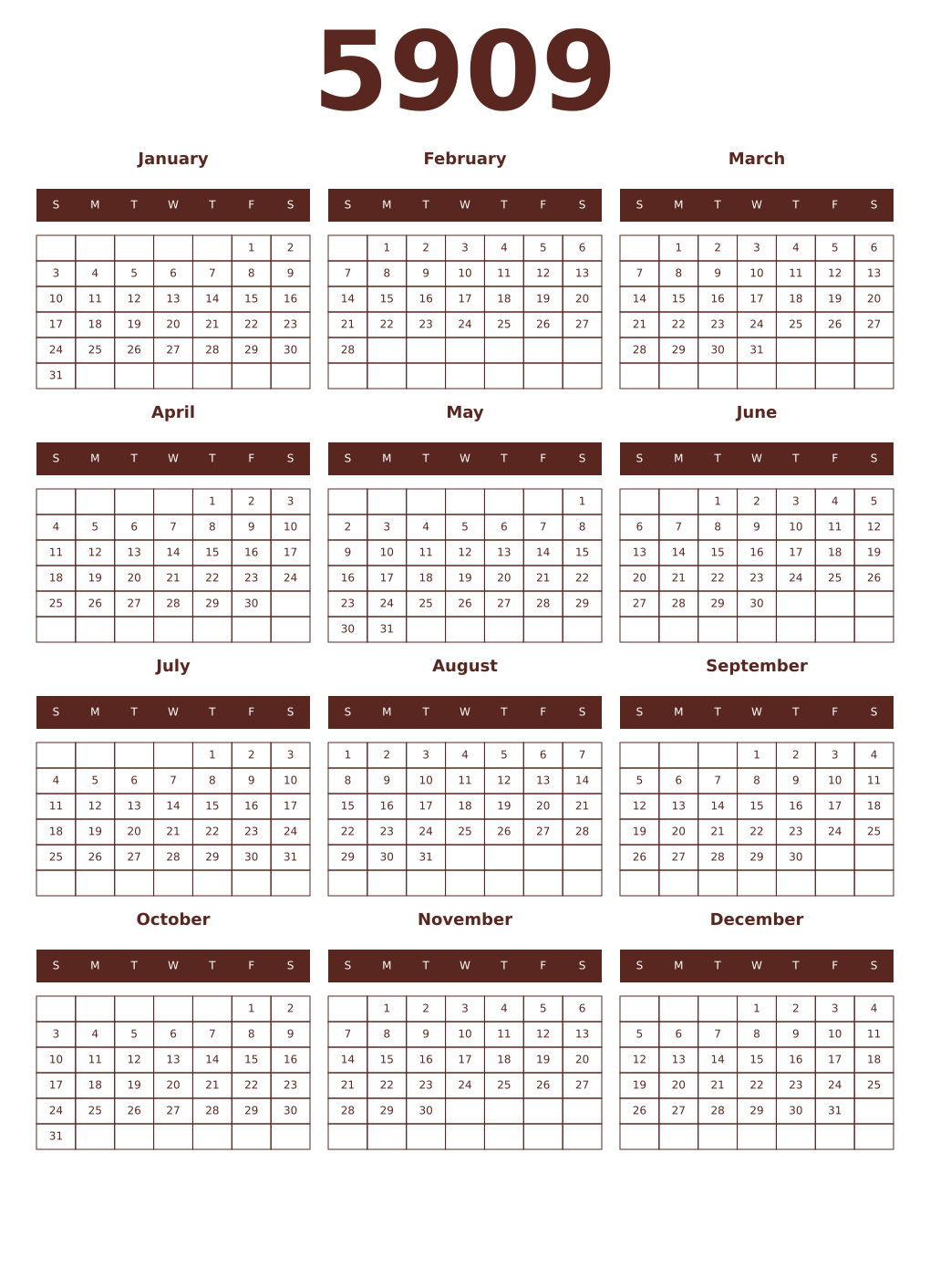 Printable 5909 Year Calendars mortuum