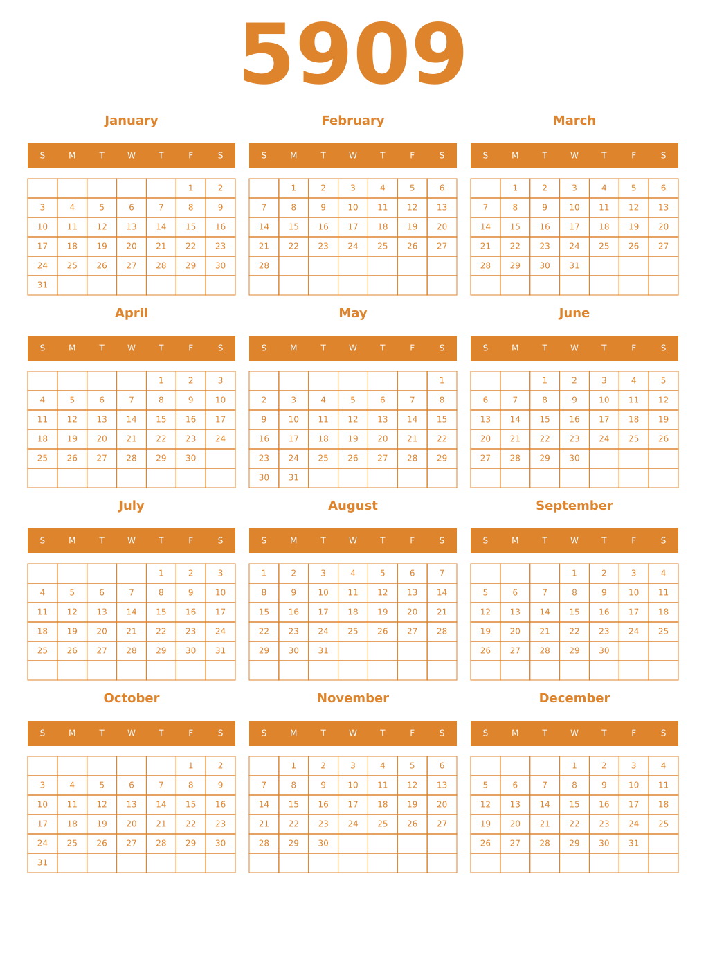 Printable 5909 Year Calendars orange