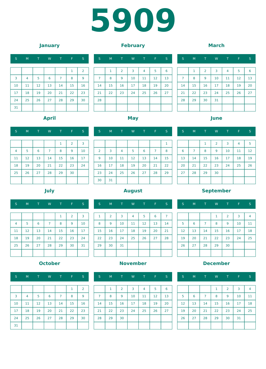 Printable 5909 Year Calendars pastel