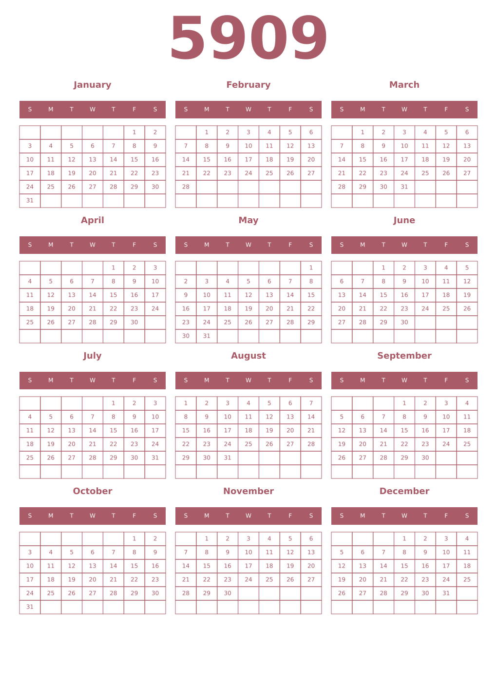 Printable 5909 Year Calendars puce