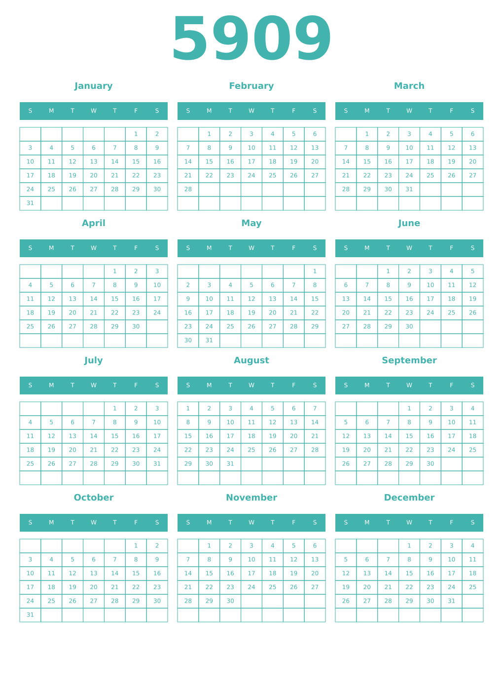 Printable 5909 Year Calendars verdigris