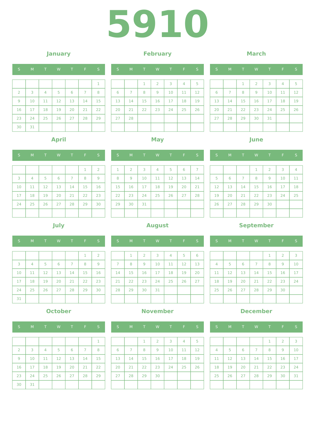 Printable 5910 Year Calendars celadon
