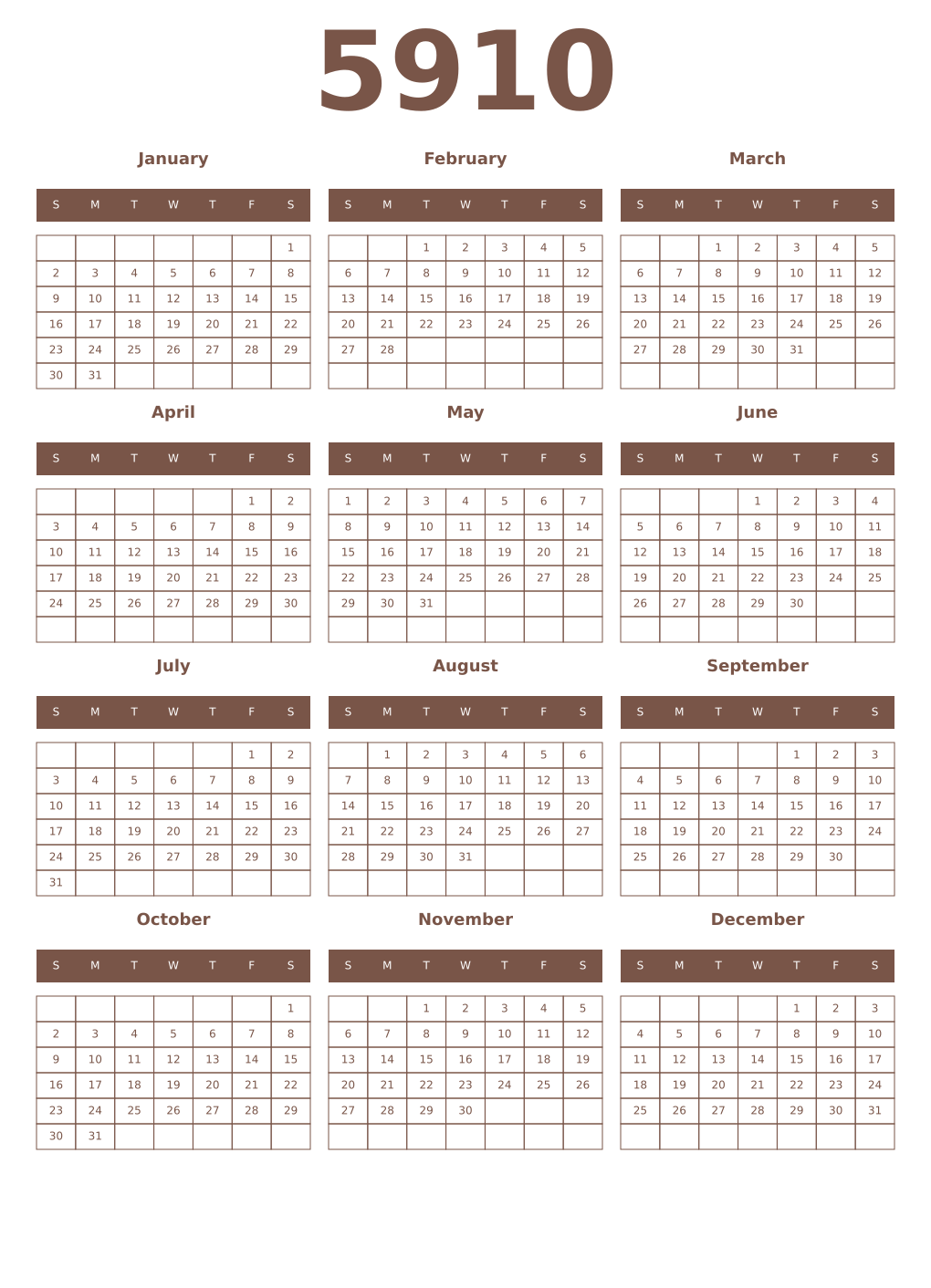 Printable 5910 Year Calendars coffe