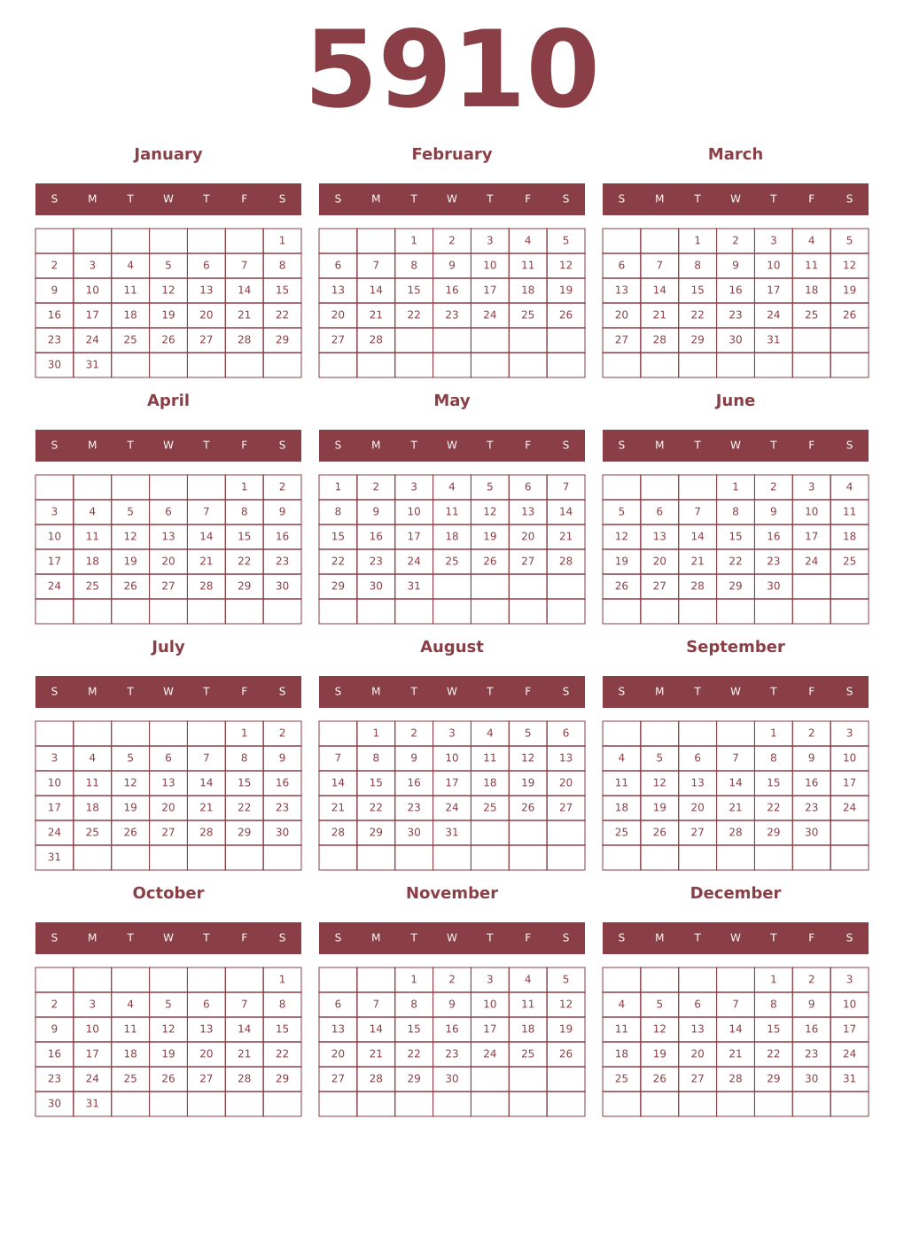 Printable 5910 Year Calendars cordovan