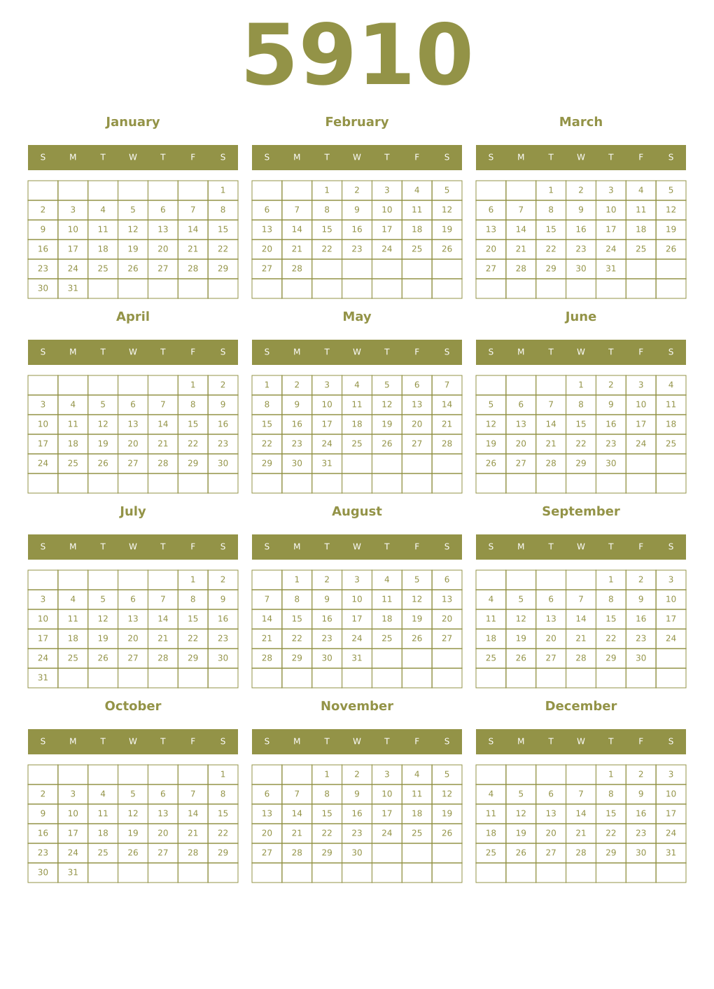 Printable 5910 Year Calendars eburnean