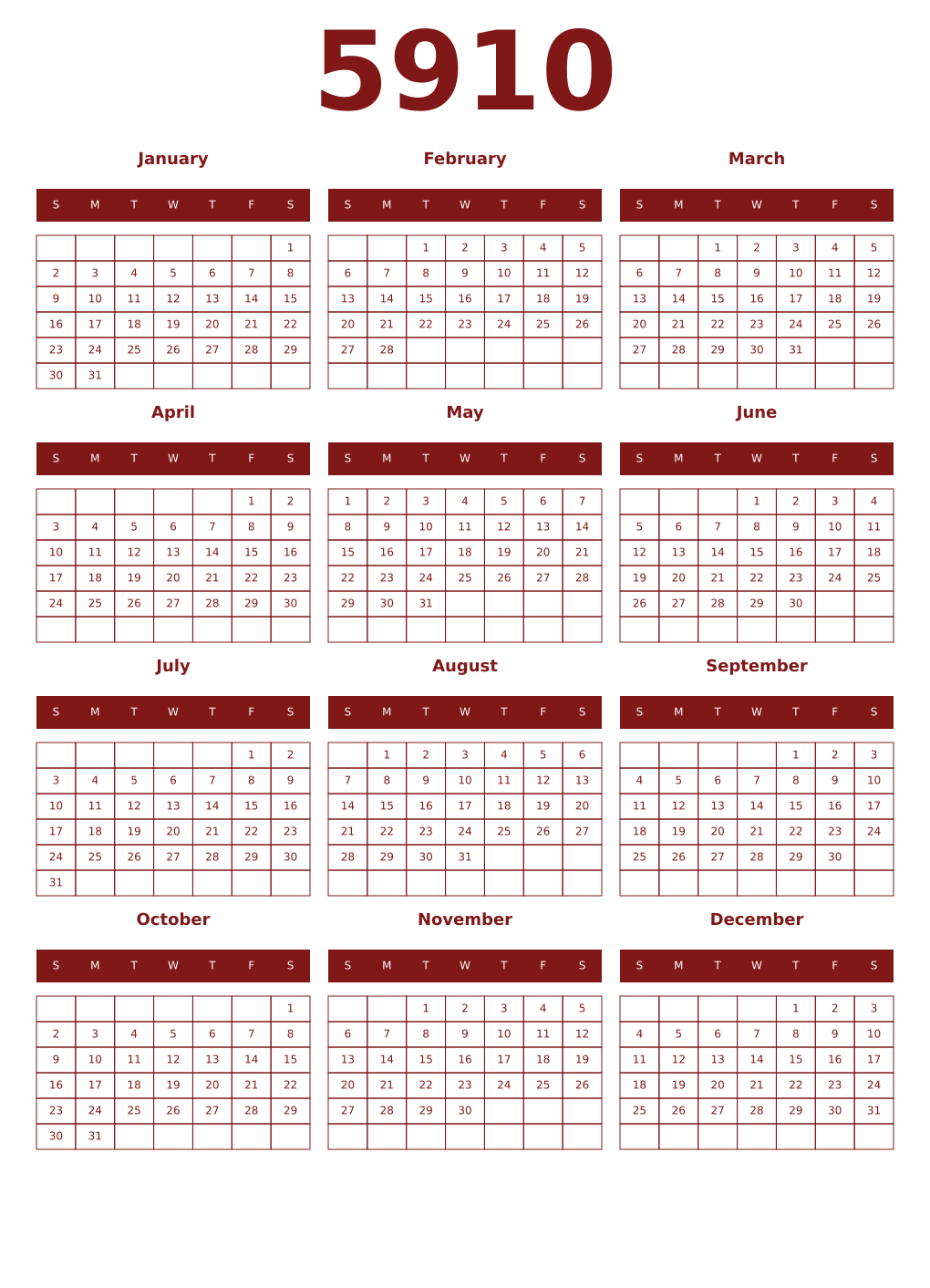 Printable 5910 Year Calendars falu