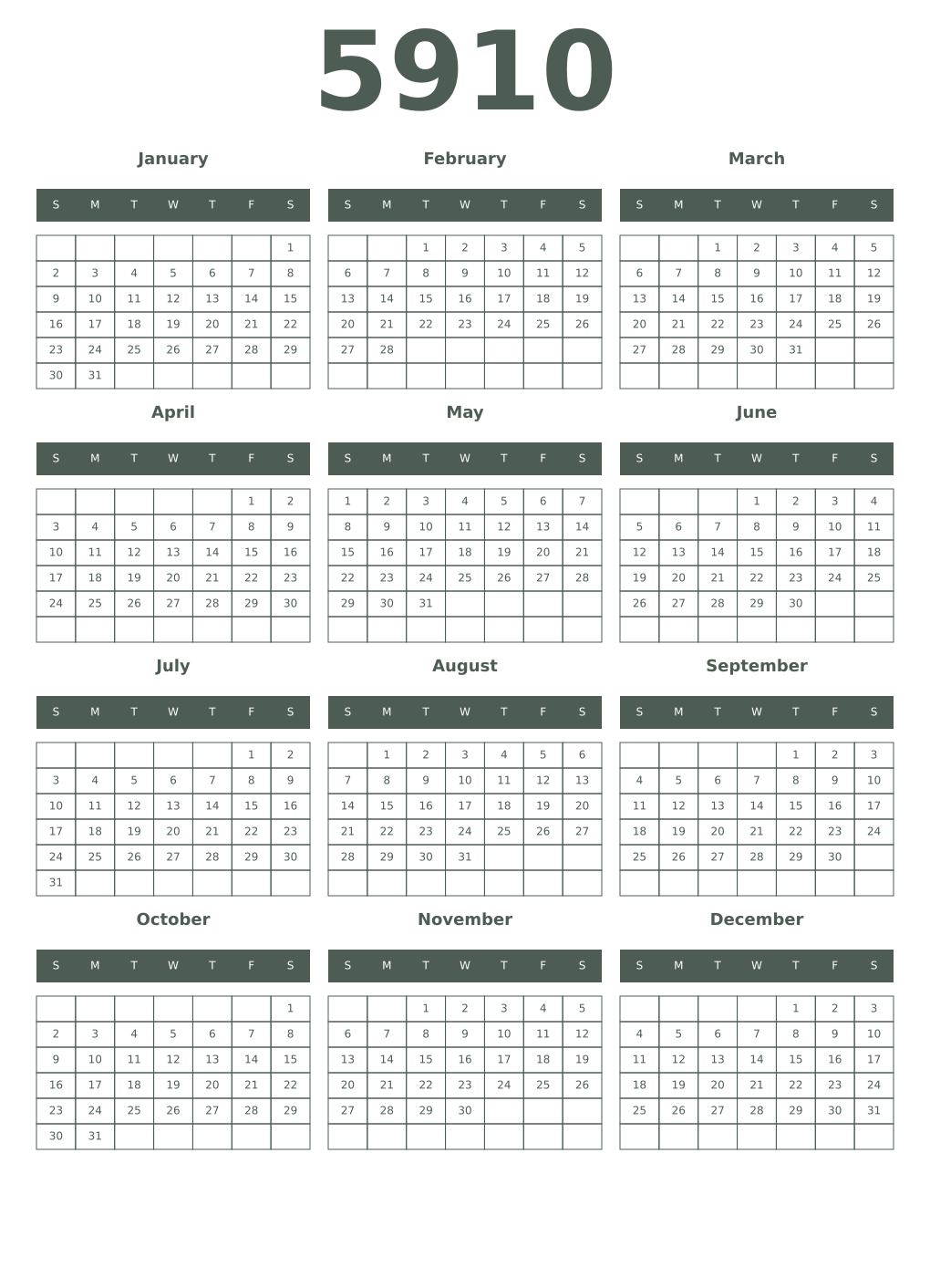 Printable 5910 Year Calendars feldgrau