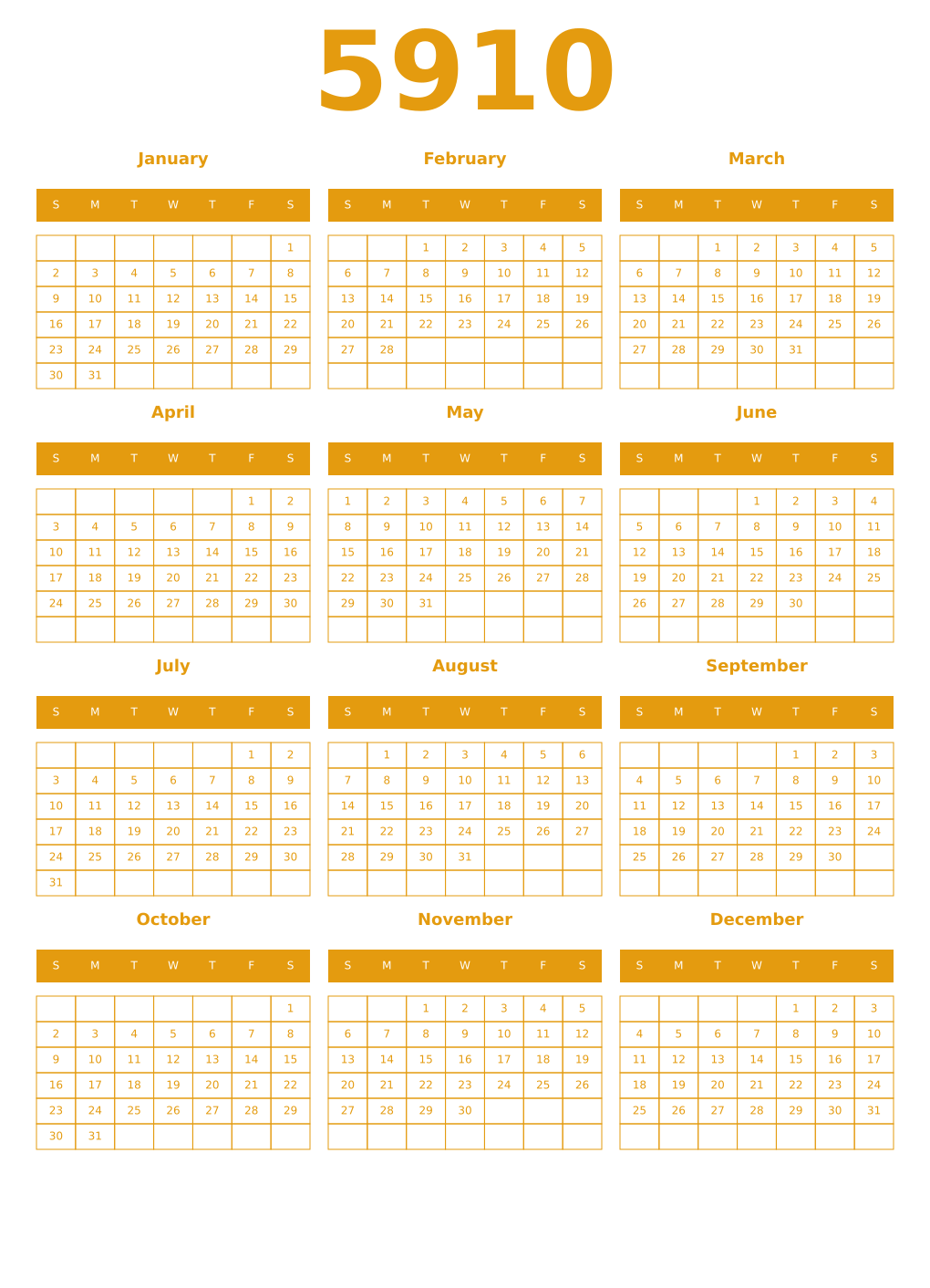 Printable 5910 Year Calendars gamboge