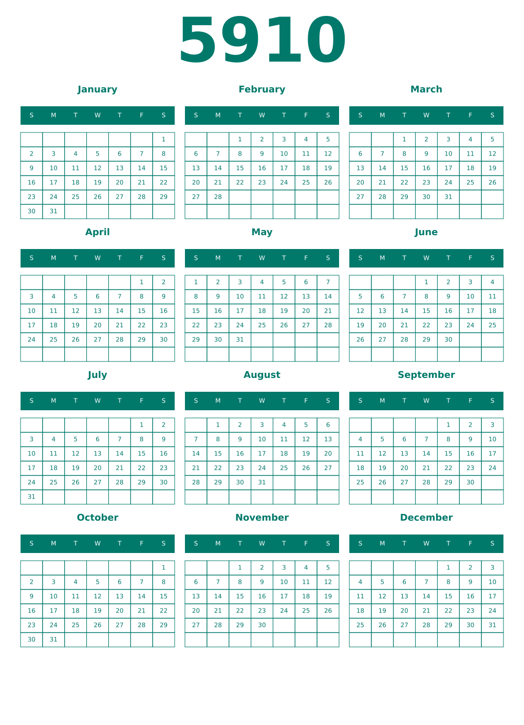 Printable 5910 Year Calendars pastel