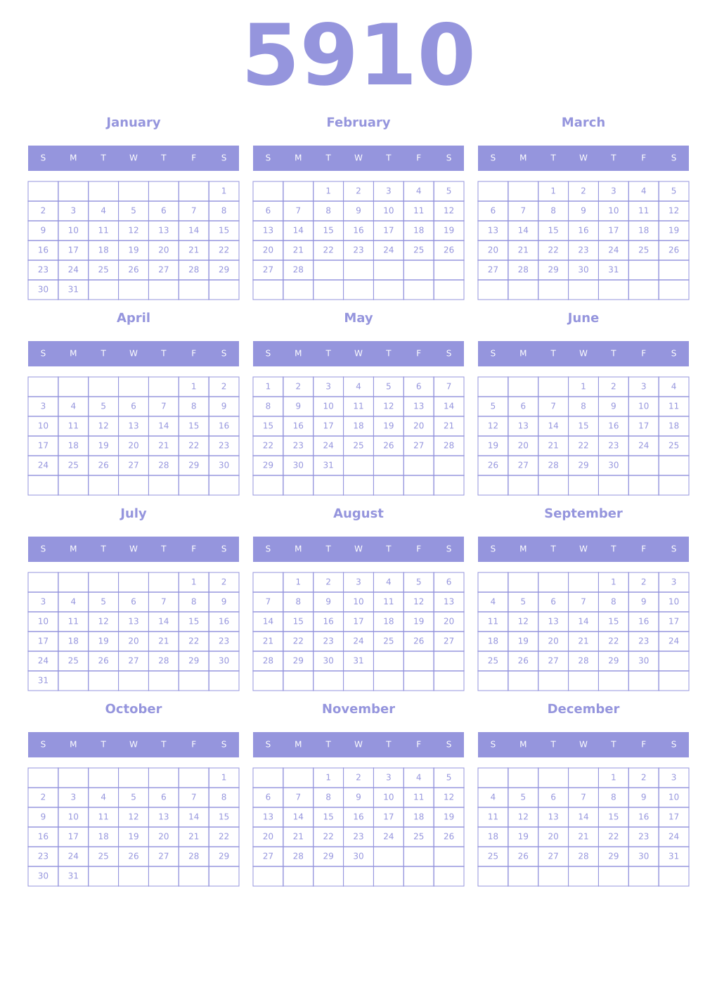 Printable 5910 Year Calendars periwinkle