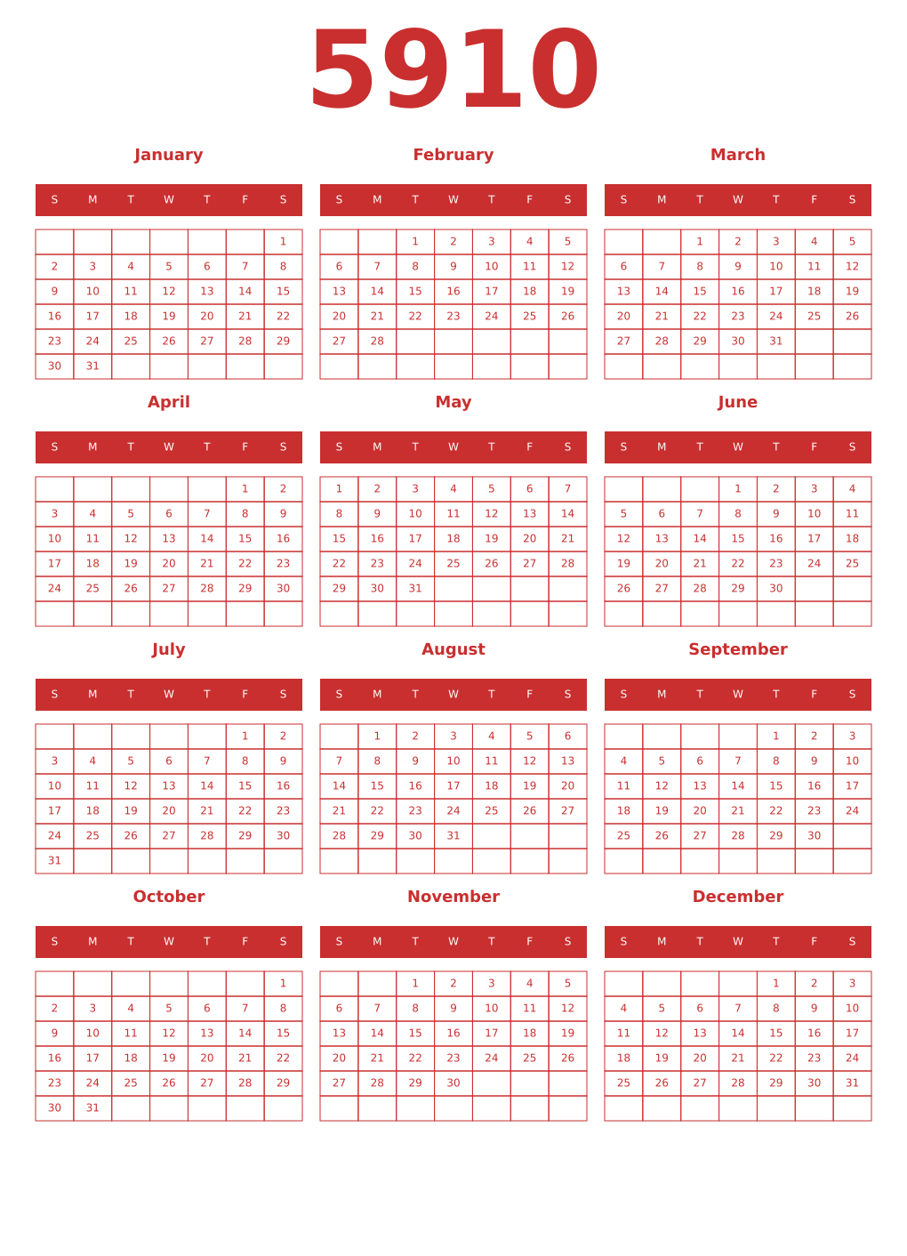 Printable 5910 Year Calendars red