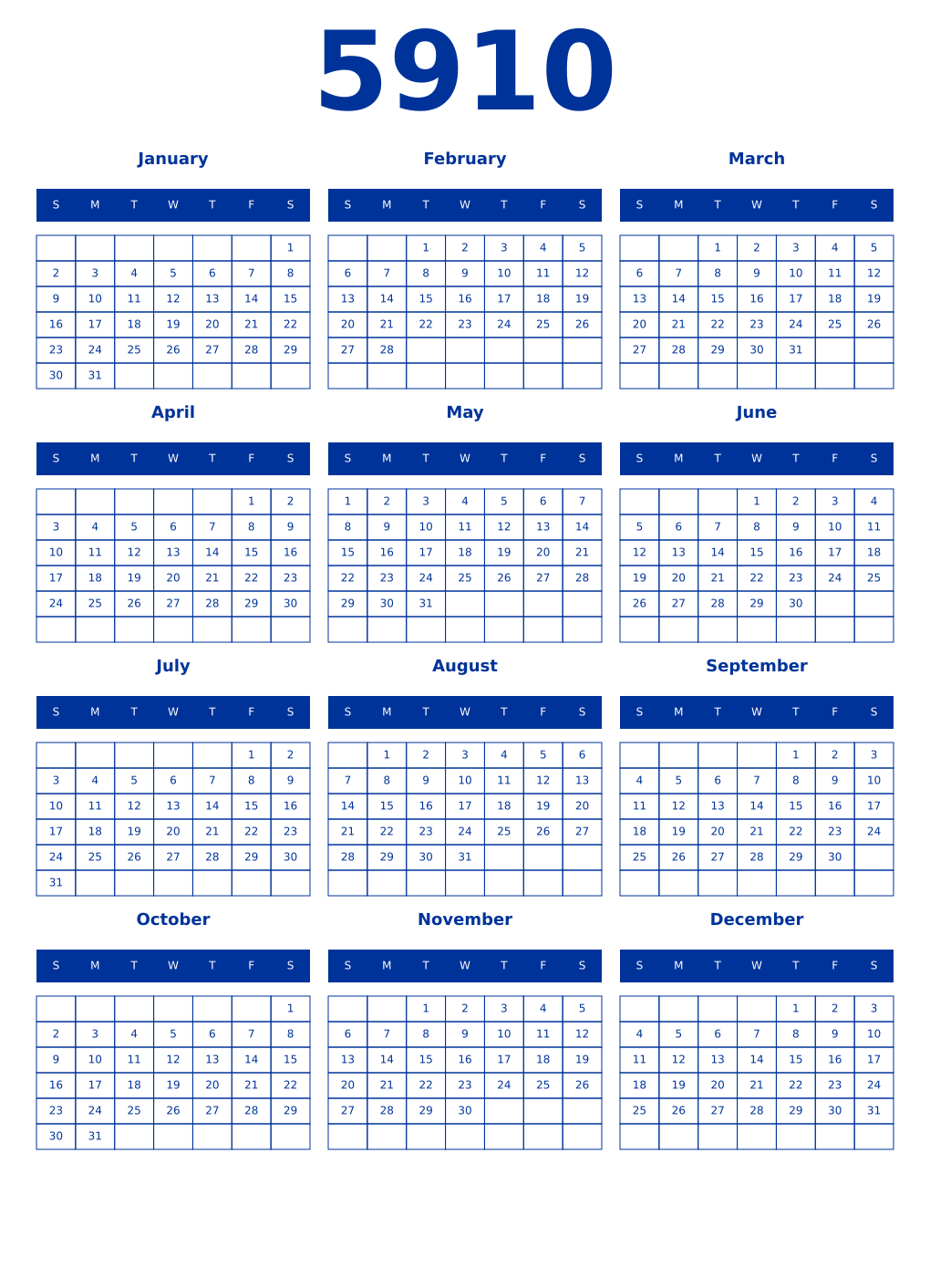 Printable 5910 Year Calendars smalt