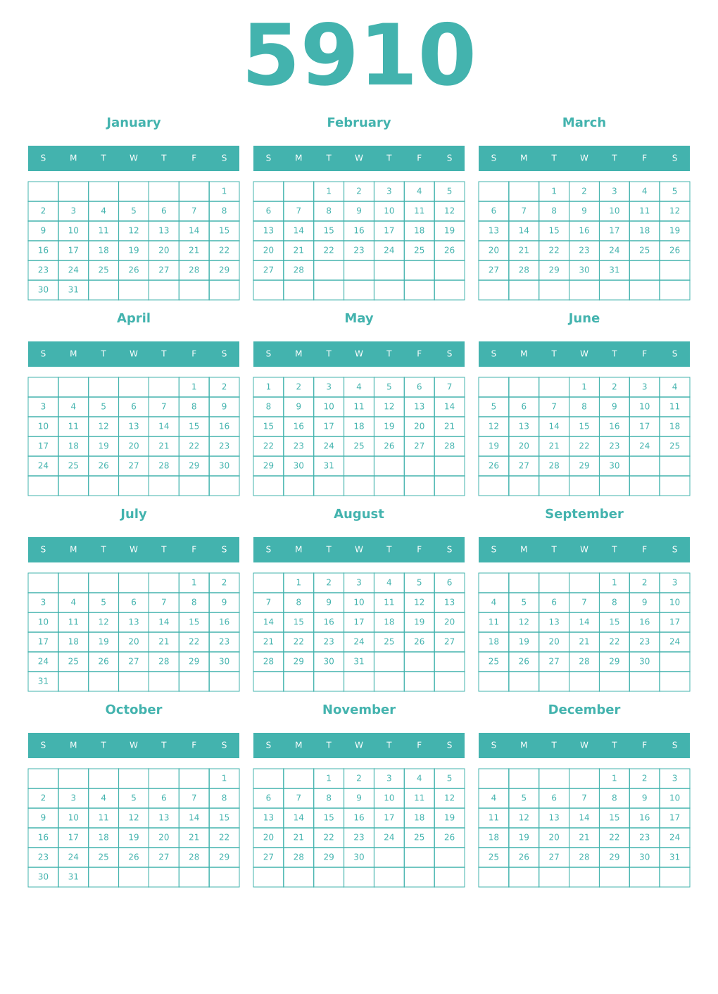 Printable 5910 Year Calendars verdigris