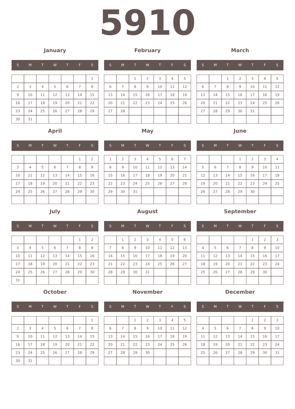 Printable 5910 Year Calendars wenge