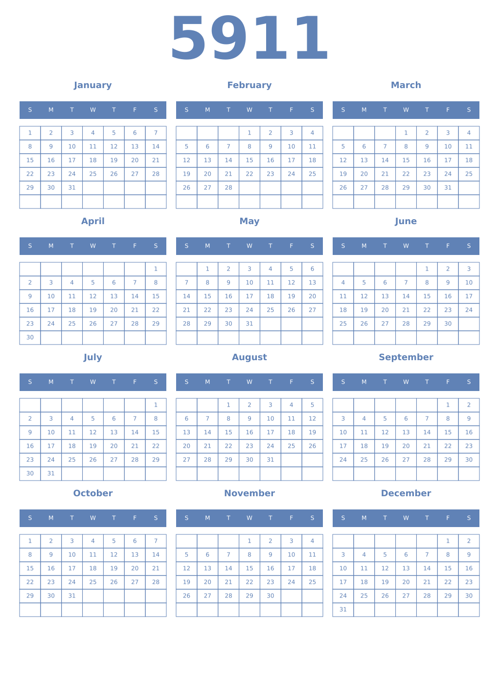 Printable 5911 Year Calendars glaucous