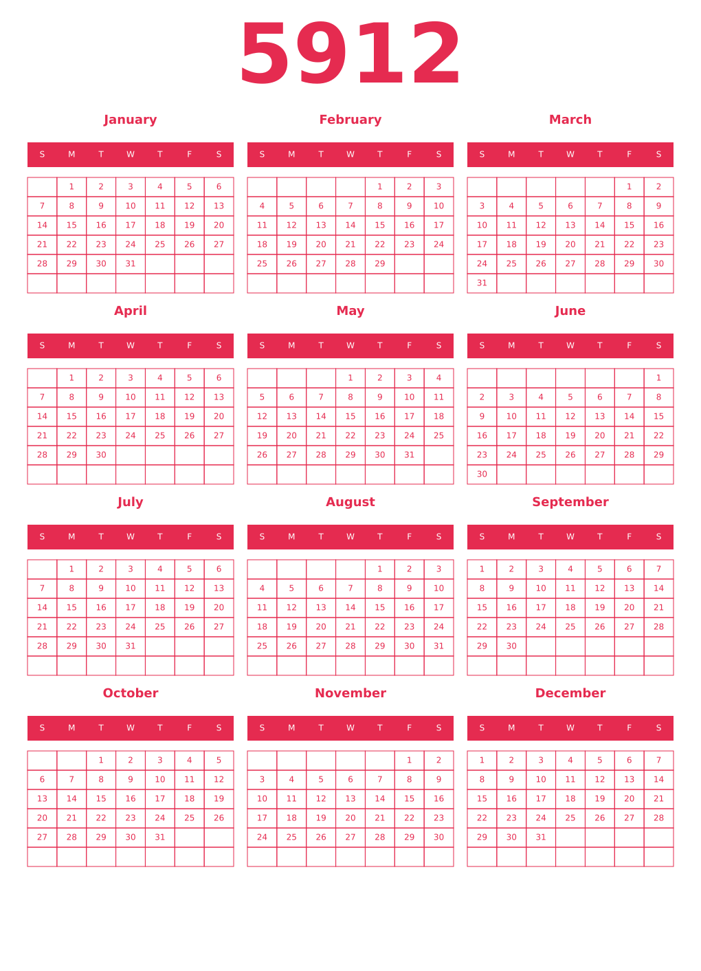 Printable 5912 Year Calendars amaranth