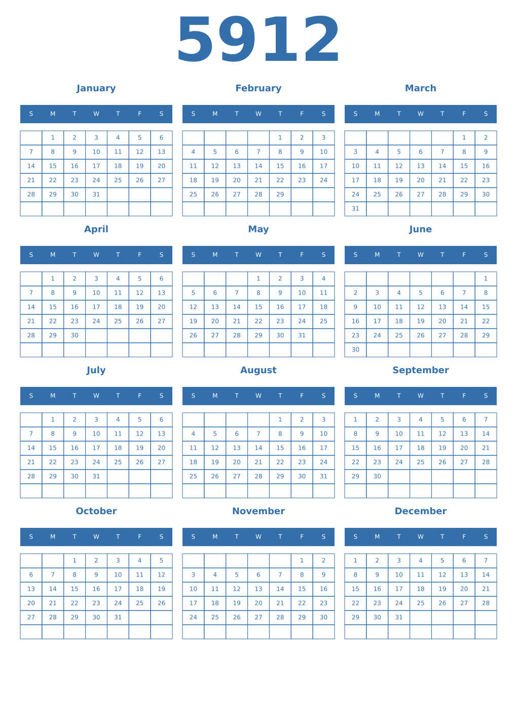 Printable 5912 Year Calendars blue