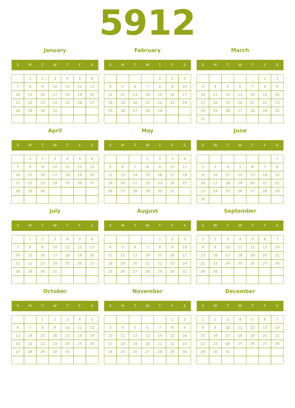 Printable 5912 Year Calendars chartreuse