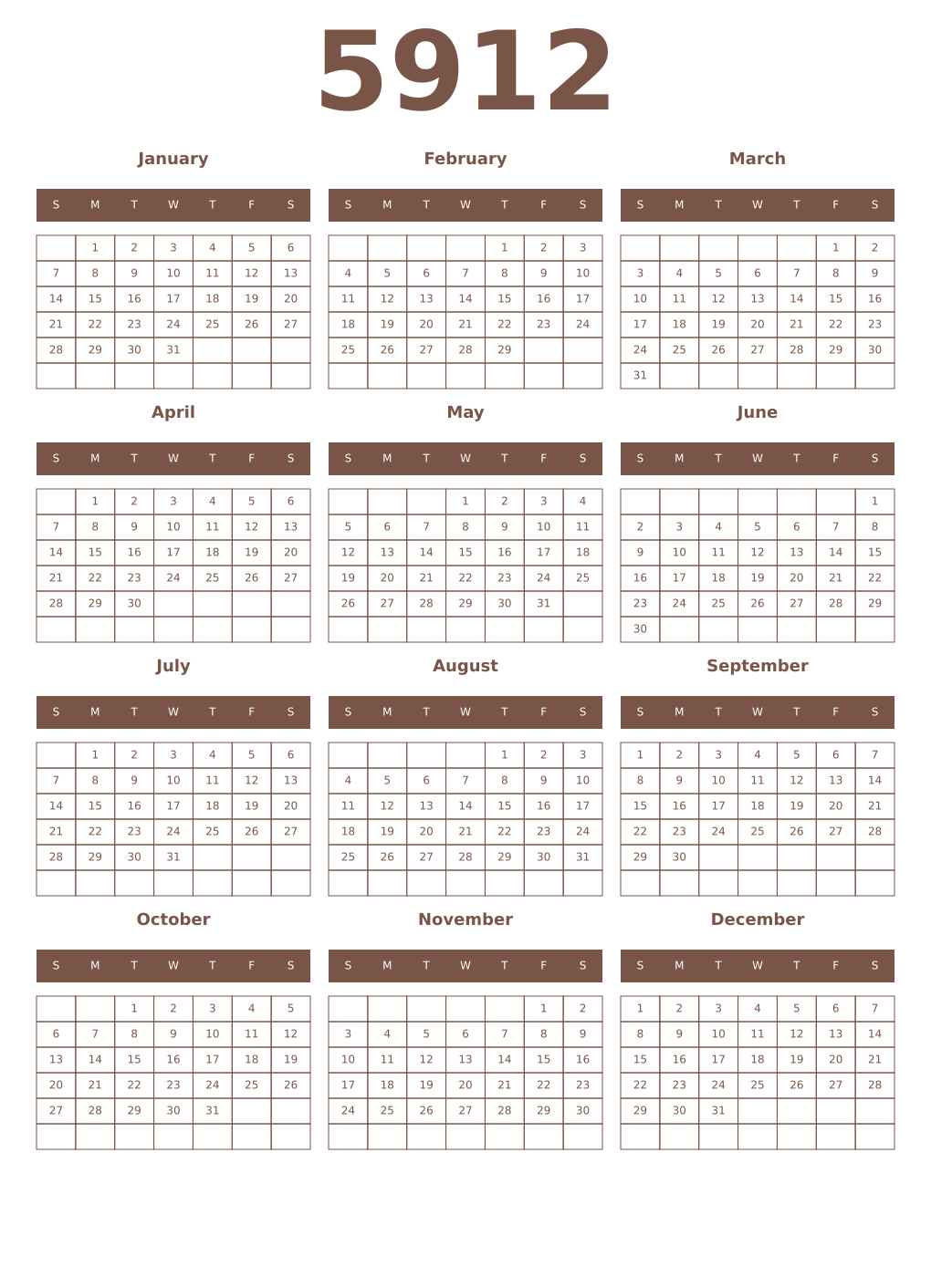 Printable 5912 Year Calendars coffe