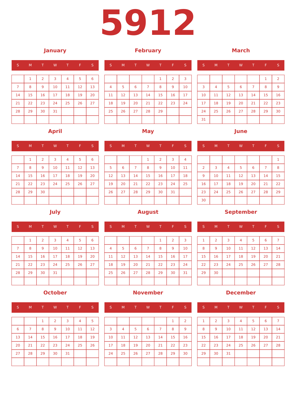 Printable 5912 Year Calendars red