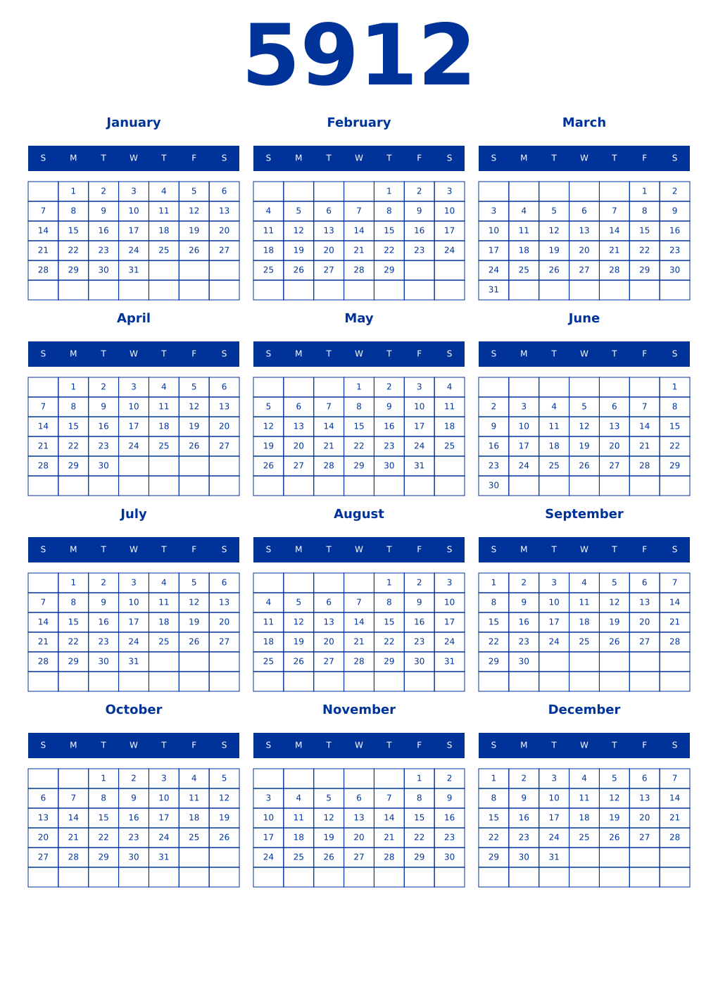 Printable 5912 Year Calendars smalt