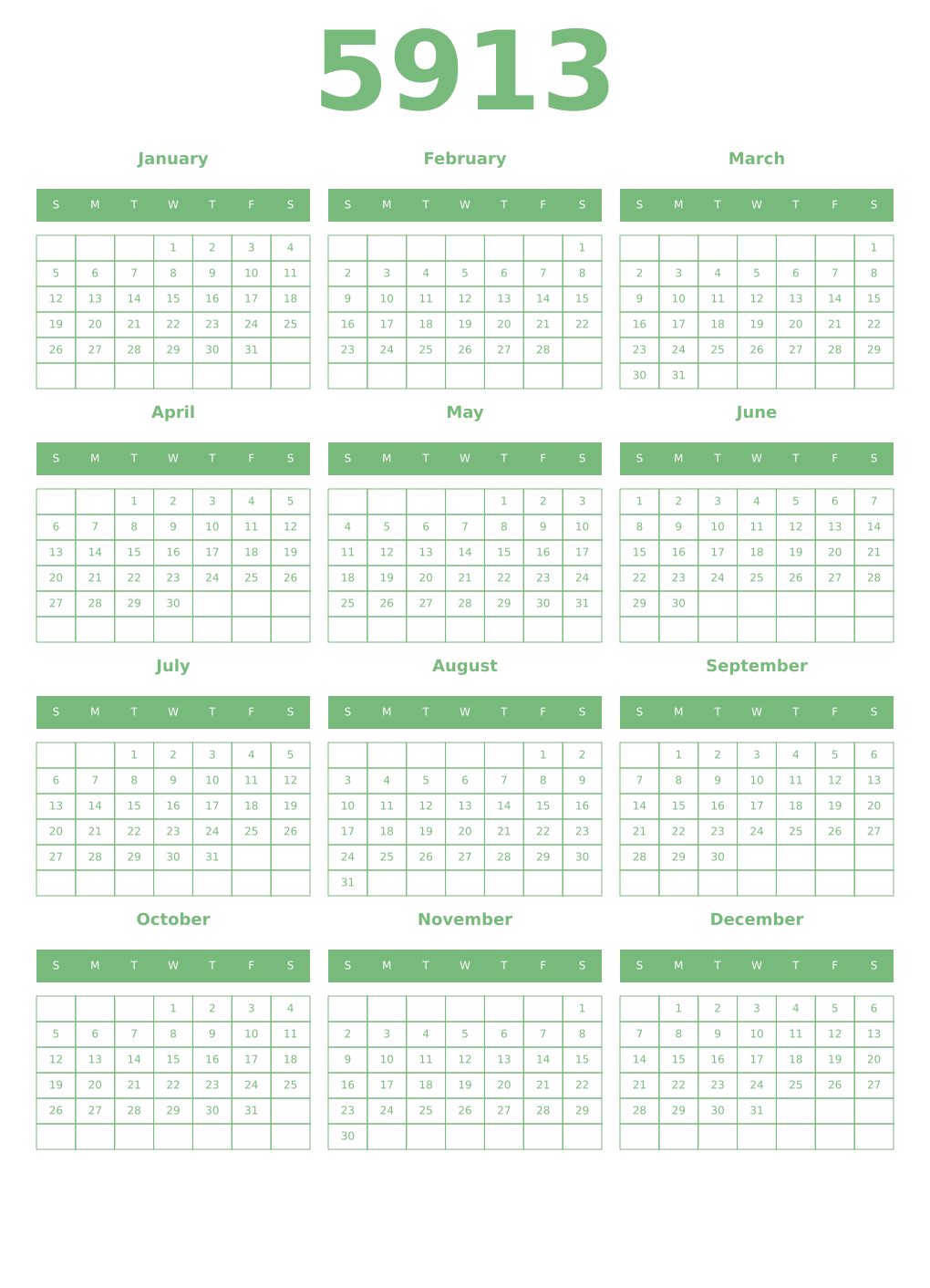 Printable 5913 Year Calendars celadon