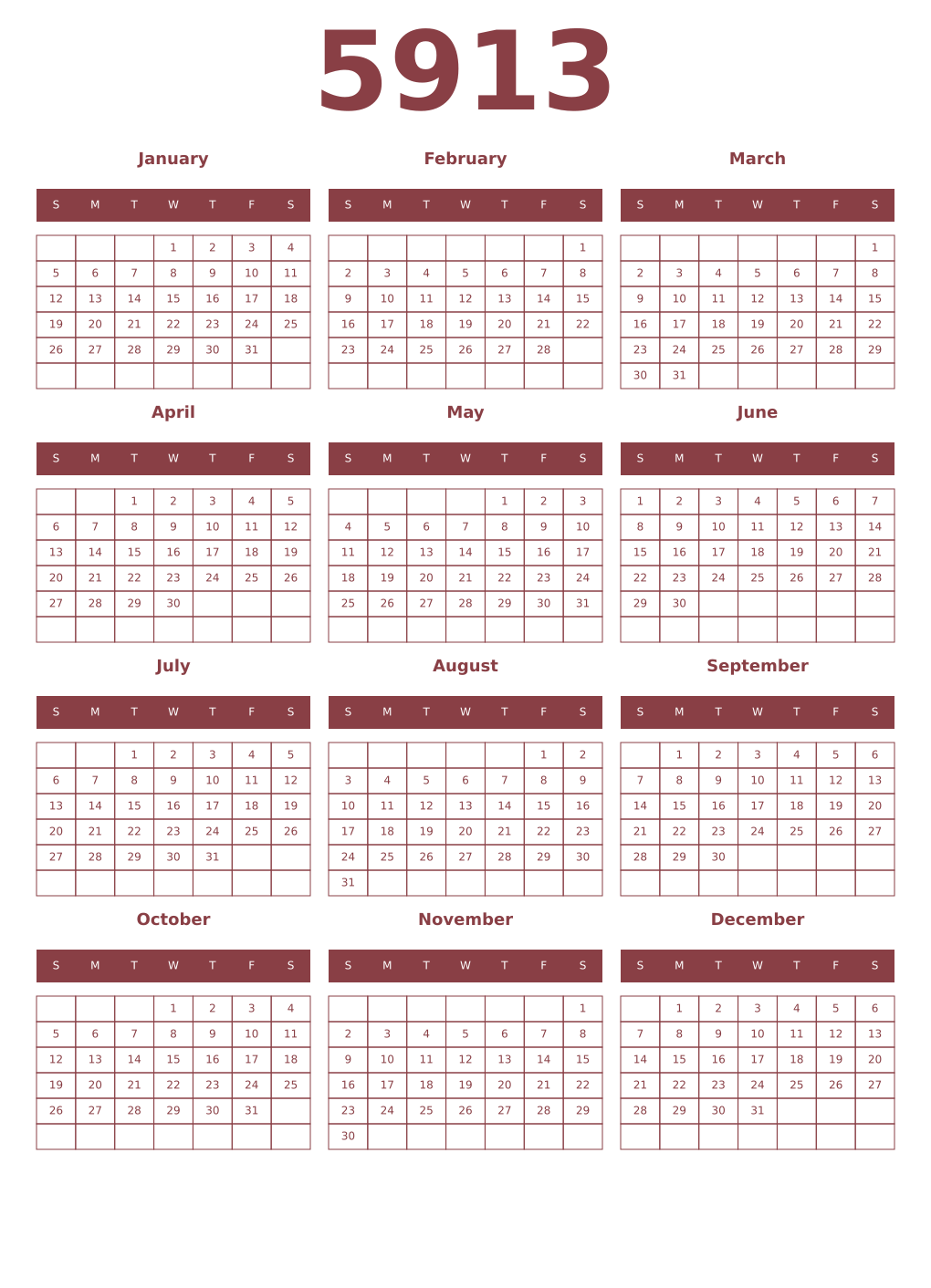 Printable 5913 Year Calendars cordovan
