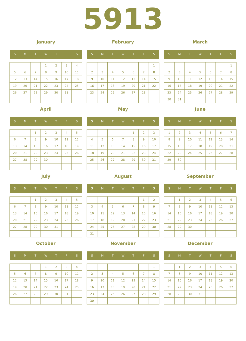Printable 5913 Year Calendars eburnean