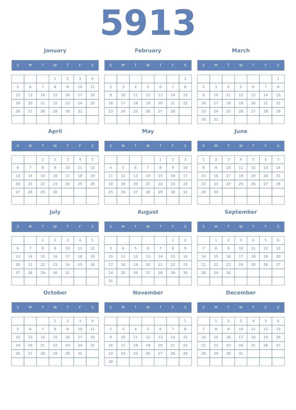 Printable 5913 Year Calendars glaucous