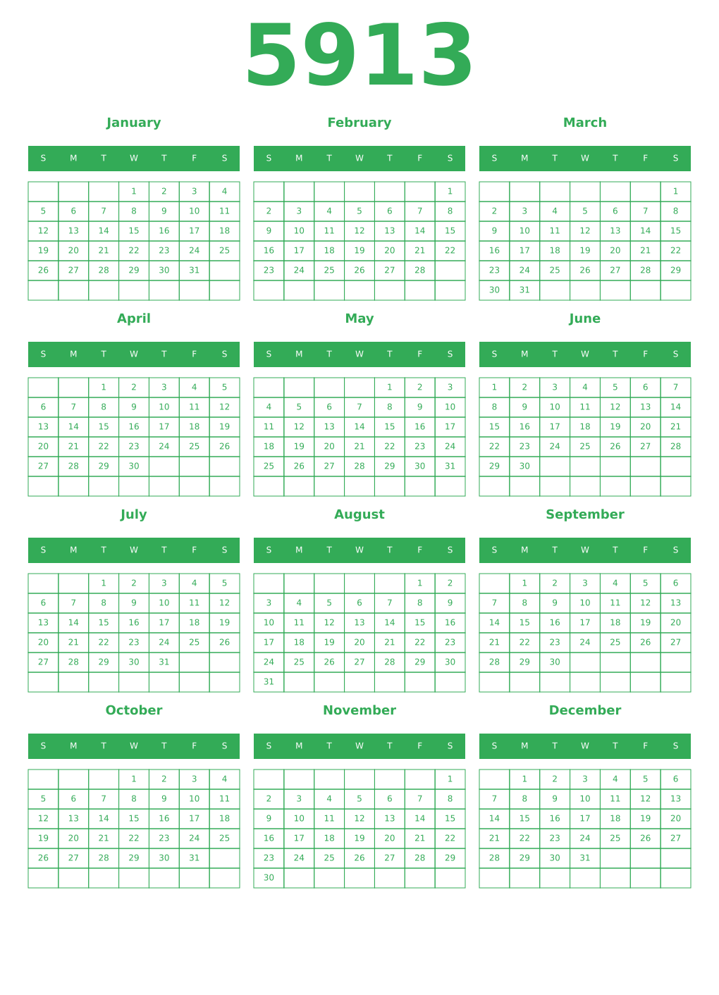 Printable 5913 Year Calendars green