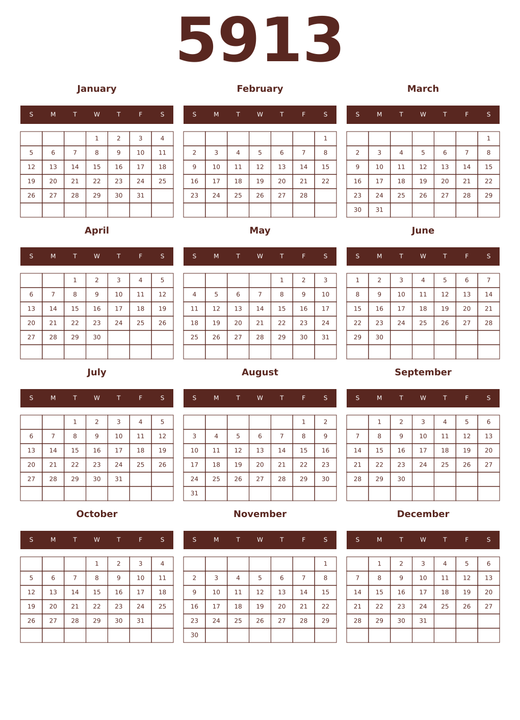 Printable 5913 Year Calendars mortuum
