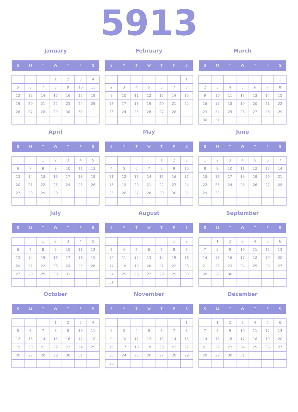 Printable 5913 Year Calendars periwinkle