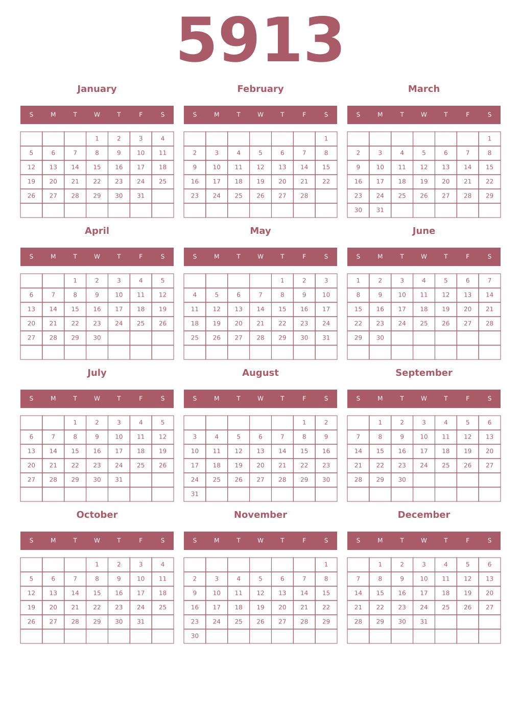 Printable 5913 Year Calendars puce