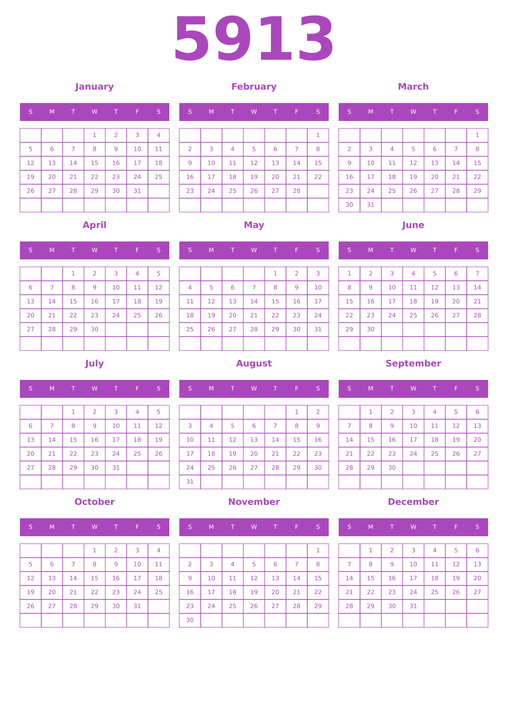Printable 5913 Year Calendars purple