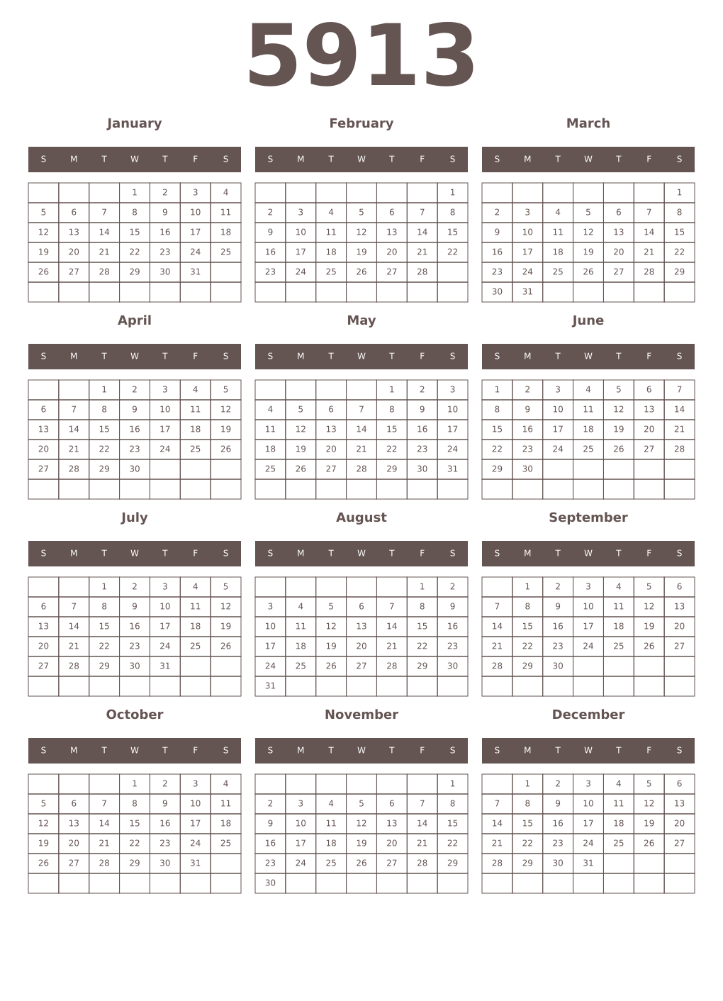 Printable 5913 Year Calendars wenge