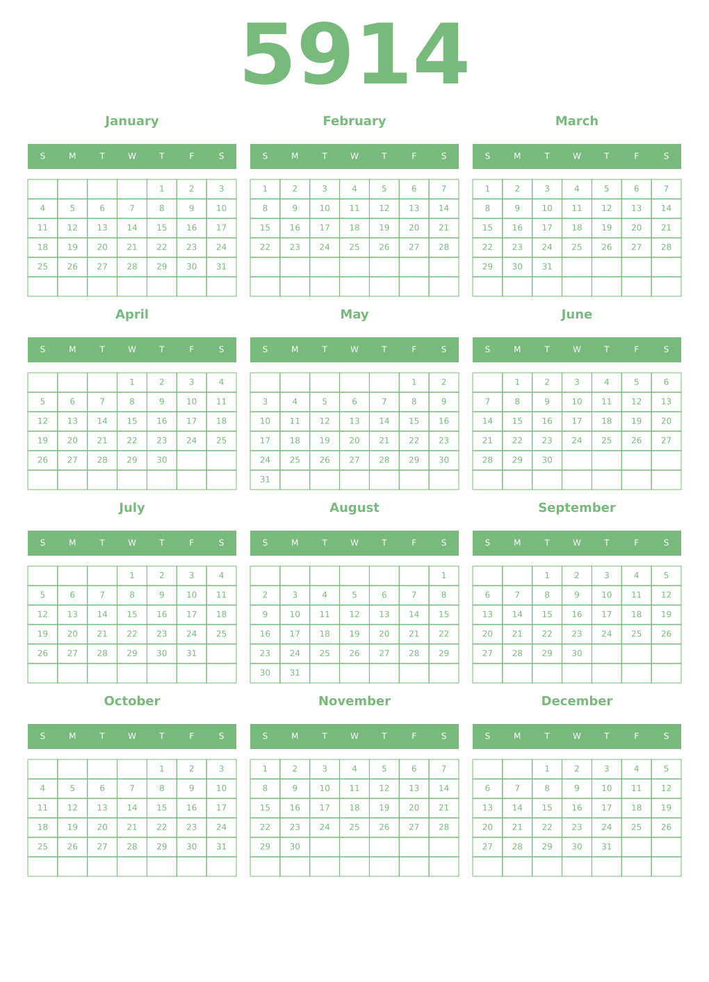 Printable 5914 Year Calendars celadon