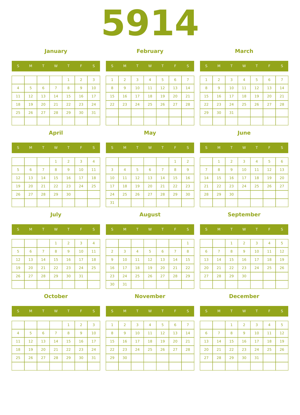 Printable 5914 Year Calendars chartreuse
