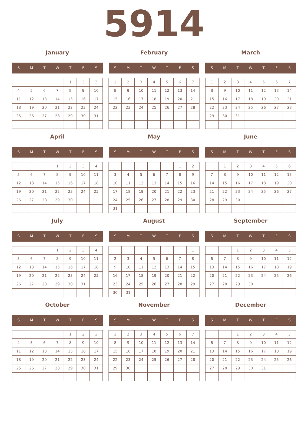 Printable 5914 Year Calendars coffe