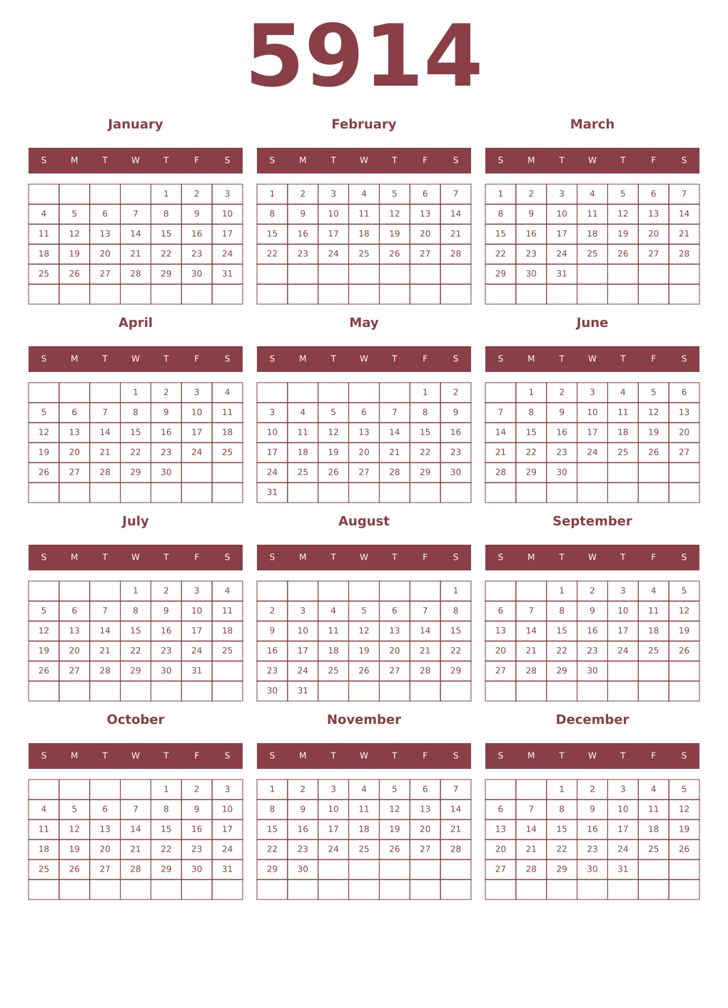 Printable 5914 Year Calendars cordovan