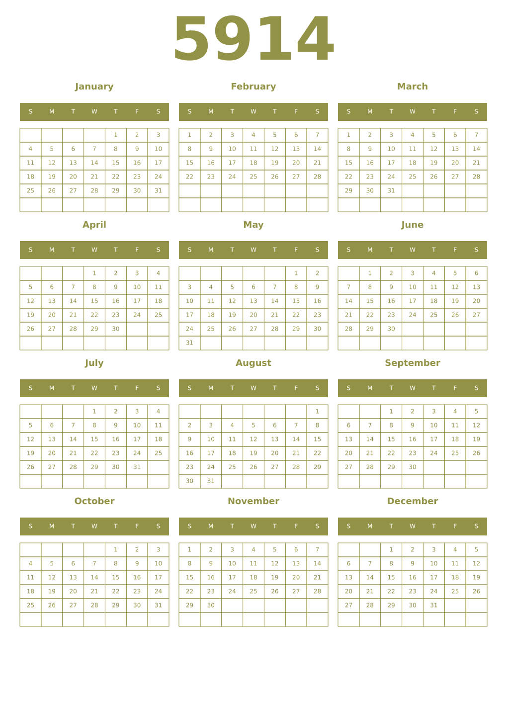 Printable 5914 Year Calendars eburnean