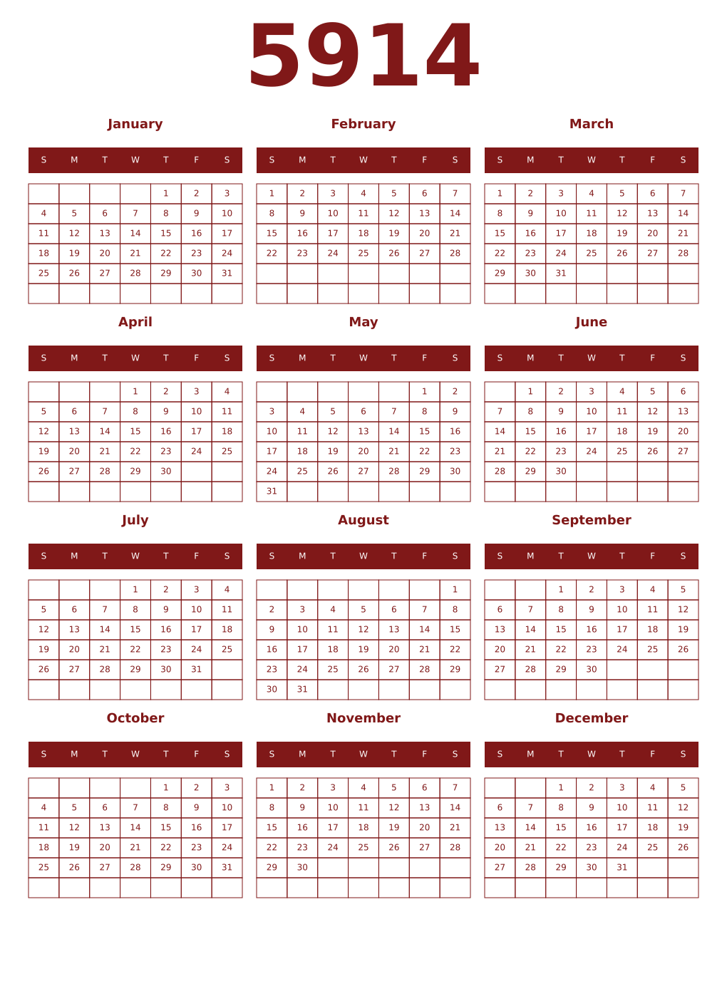 Printable 5914 Year Calendars falu