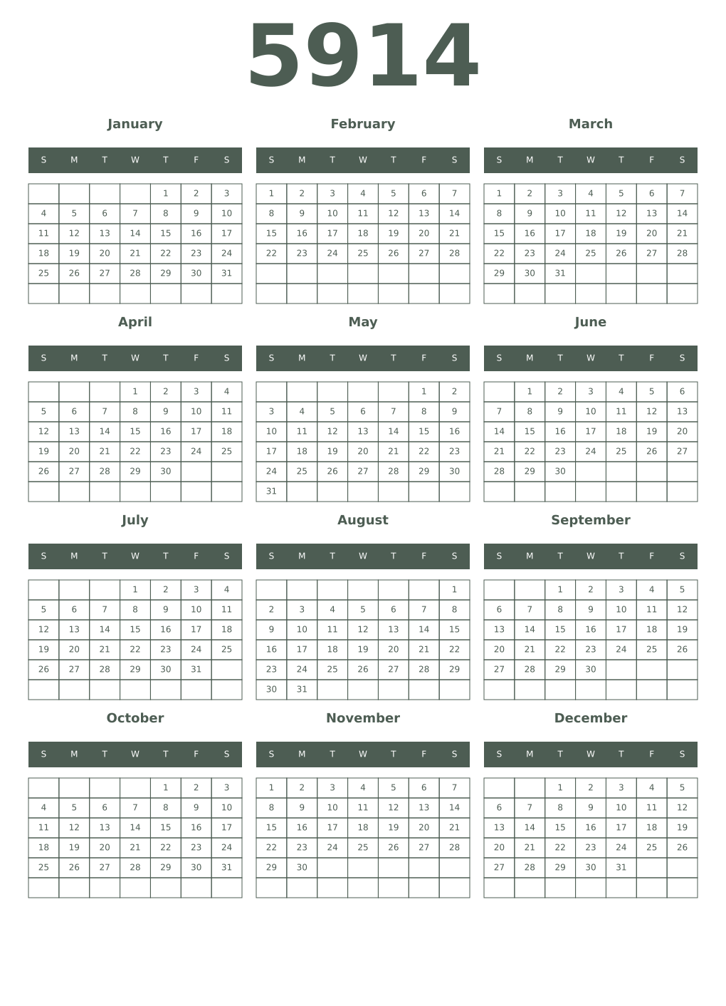 Printable 5914 Year Calendars feldgrau