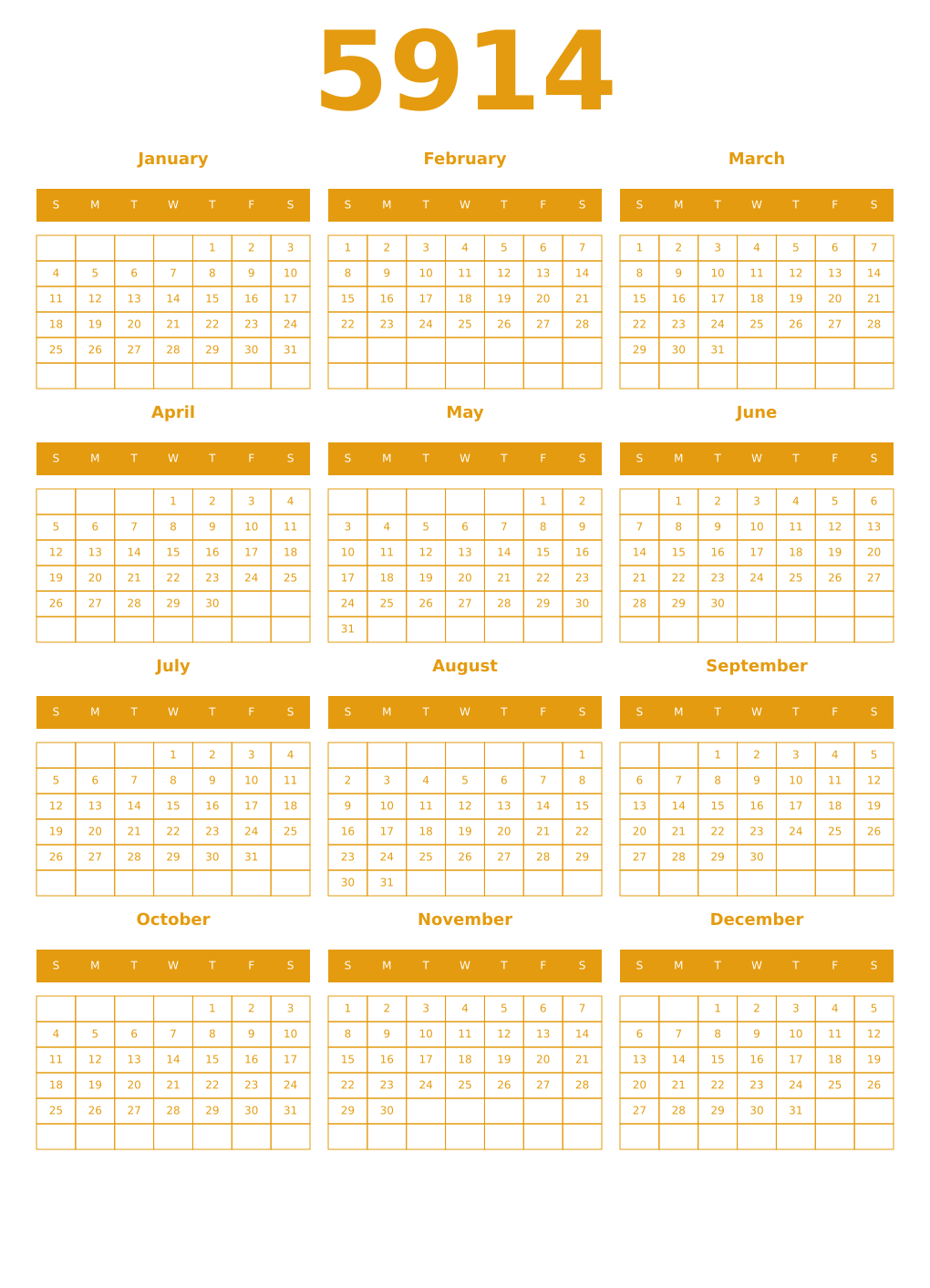 Printable 5914 Year Calendars gamboge