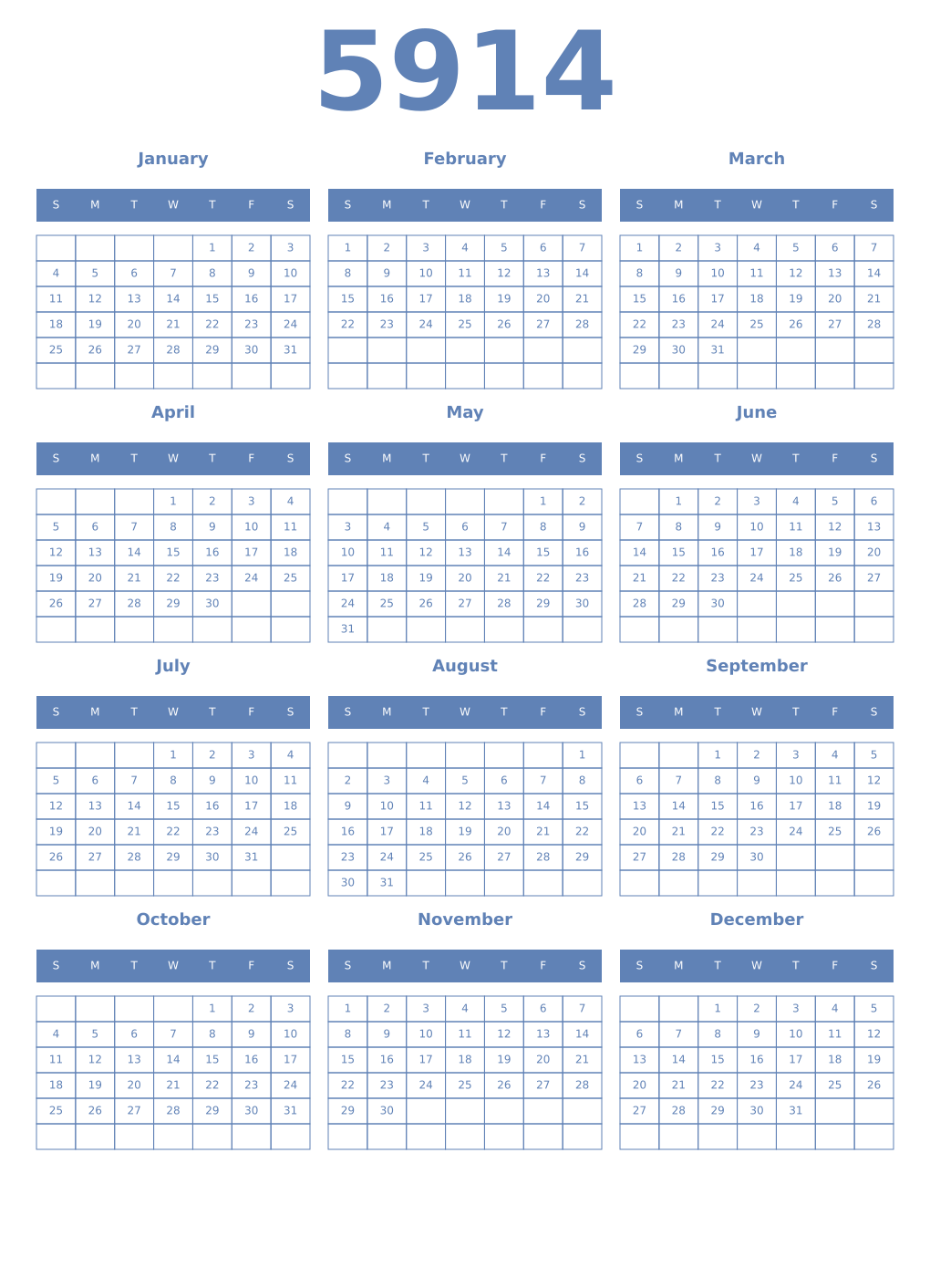 Printable 5914 Year Calendars glaucous