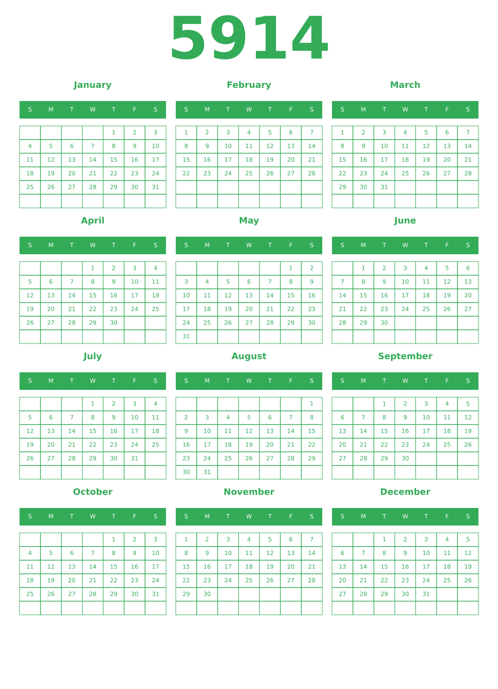 Printable 5914 Year Calendars green